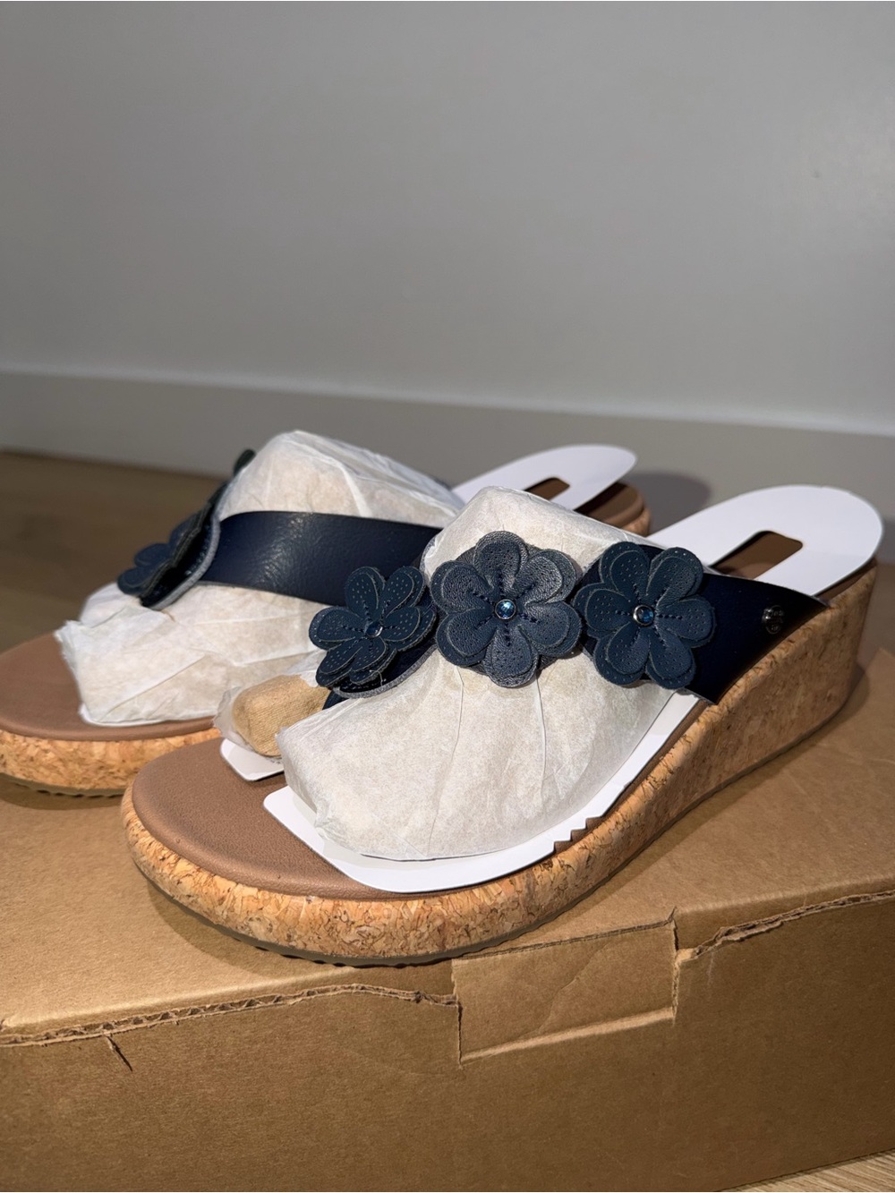 Skechers Cork Wedge Sandals with Navy Floral Accents Size 7.5